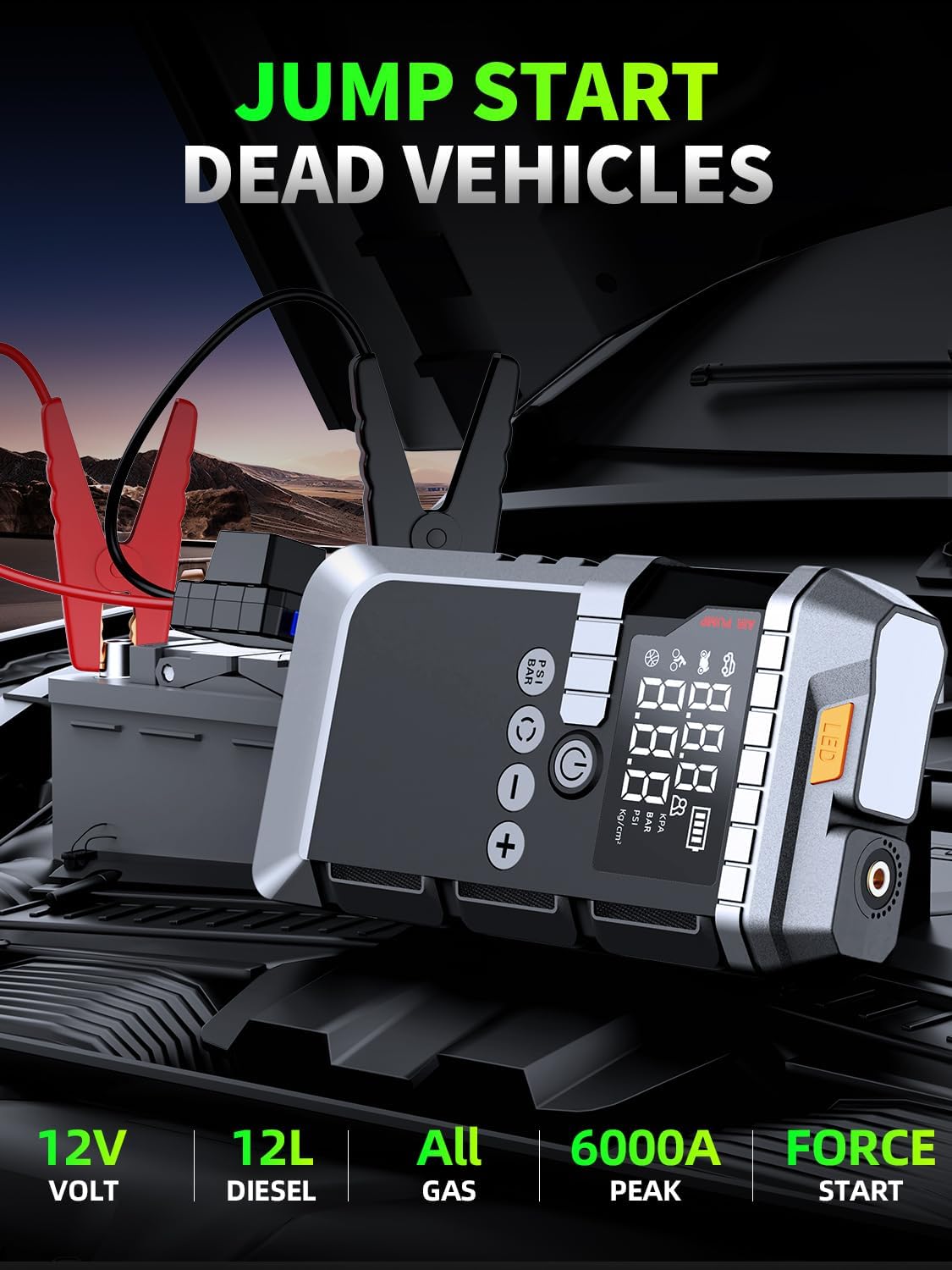 Portable Car Battery Jump Starter with Air Compressor, 6000A Car Battery Booster (All Gas/12L Diesel) with 45W Fast