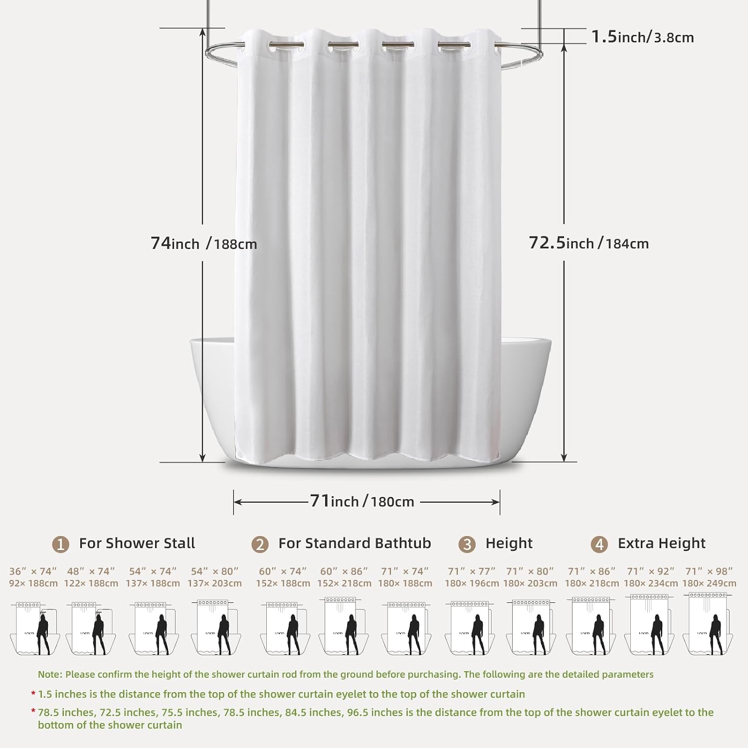 No Hook Shower Curtain, Waterproof Slub Fabric, White 71x74 in | no separate liner, split grommets, waterproof