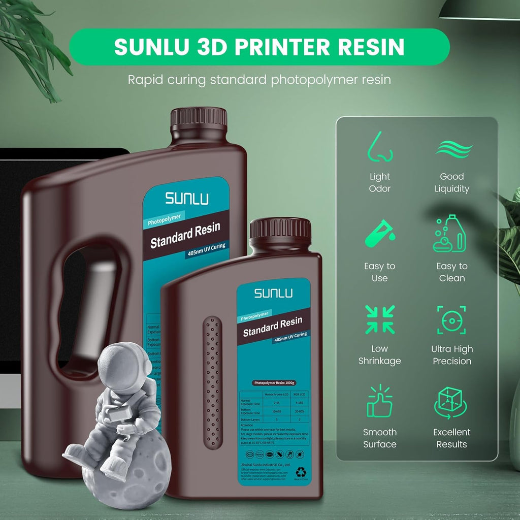 Standard 3D Printer Resin Plus, Fast-Curing Photopolymer Resin for LCD/DLP/SLA Printers, 395-405nm UV, Low Shrinkage