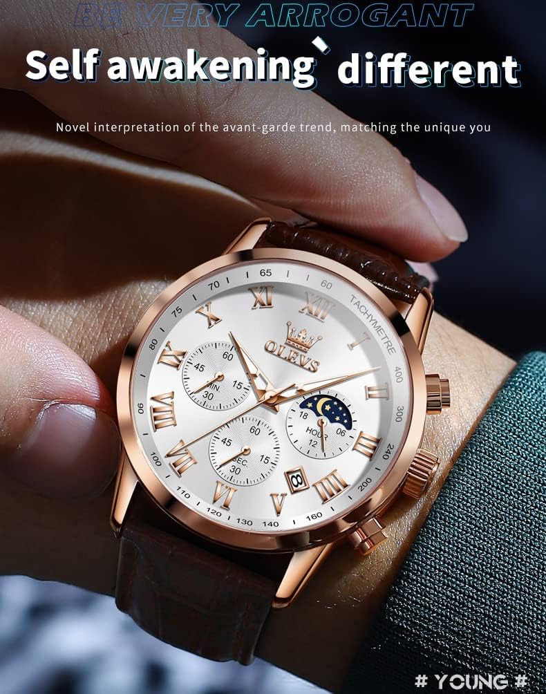 Mens Watches Leather Chronograph Luxury Fashion Dress Analog Quartz Wrist Watch Luminous Waterproof Moon Phase Date