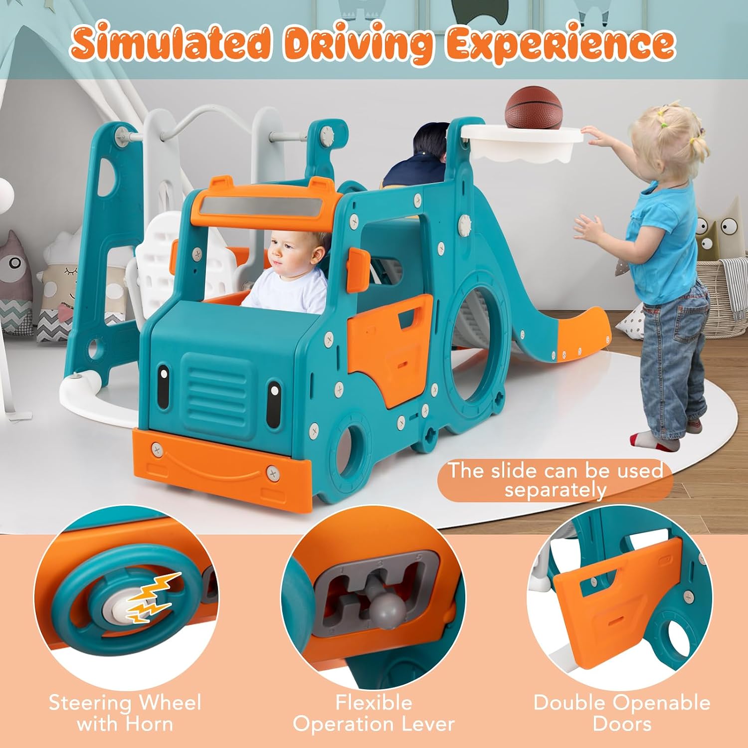 6 in 1 Toddler Slide and Swing Set, Mini Bus Indoor Outdoor Baby Swing with Basketball Hoop, Crawling Tunnel, Kids