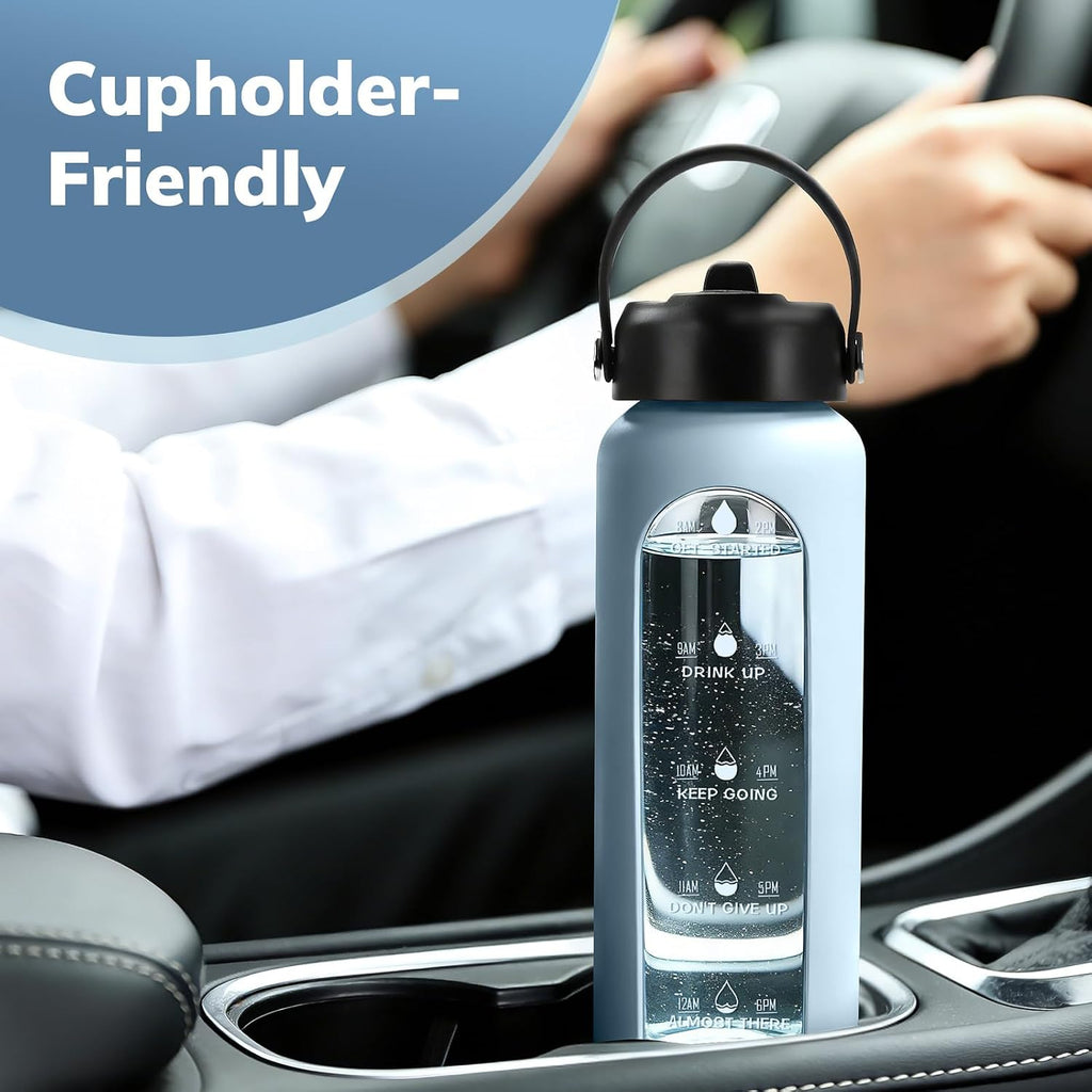 32 oz Glass Water Bottle with 2 Lids – Spout & Straw Lids, 1L Motivational Borosilicate Glass Water Bottle with Time