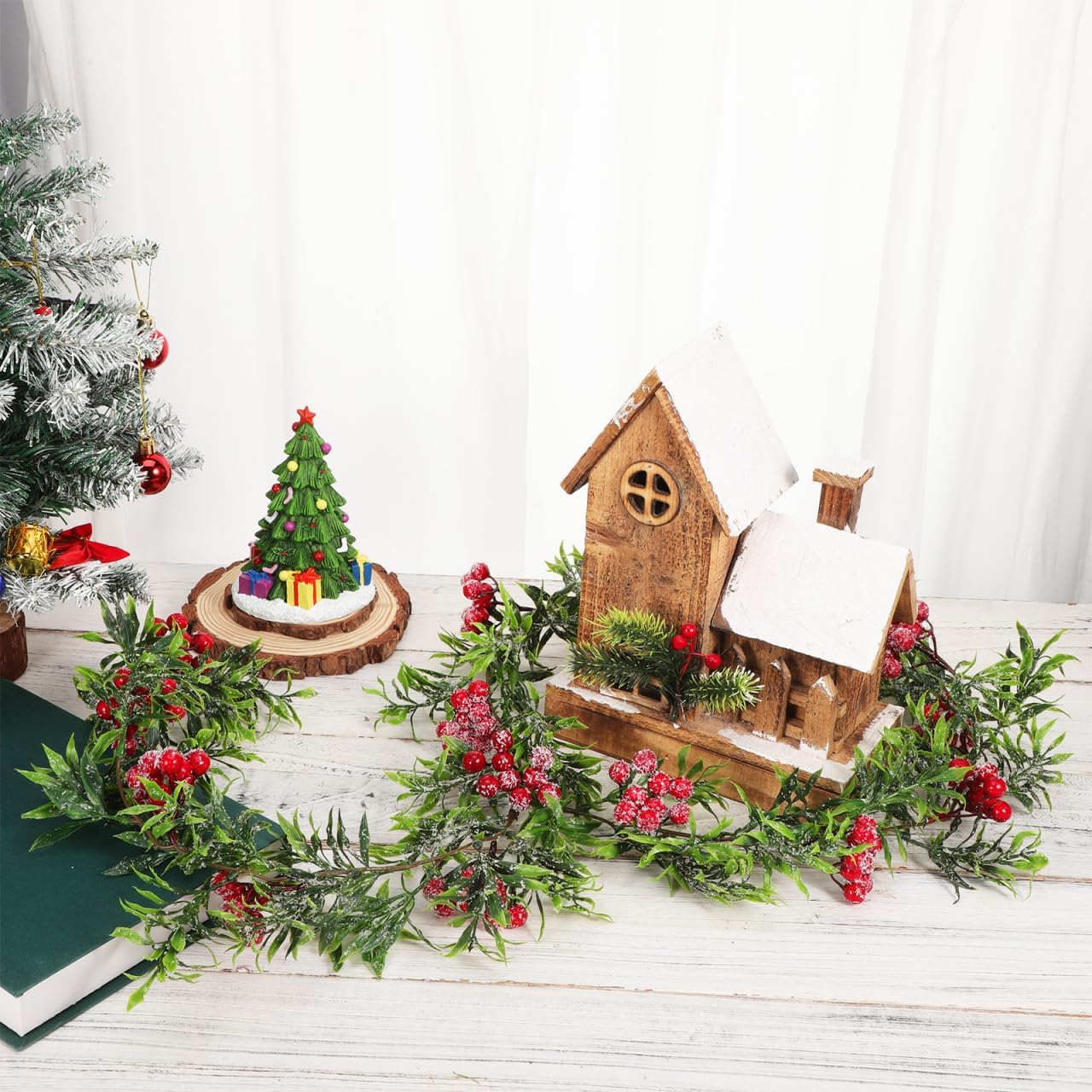 Christmas Garland for Table Decorations, 5.2Ft Holiday Garland with Frosted Snowy Bristle Pine for Mantle Stairs