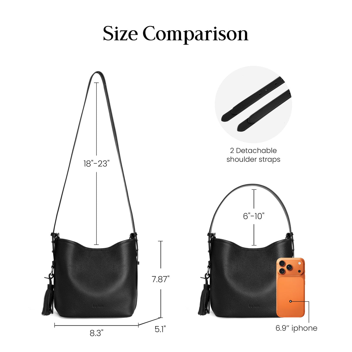Genuine Leather Small Bucket Bag with Crossbody Strap Black Purses