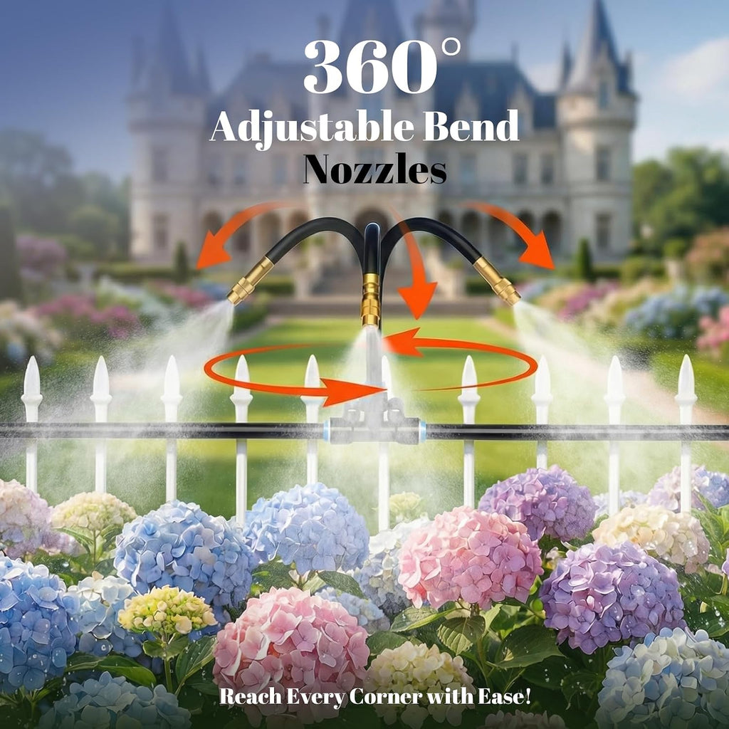 100ft 1/4-Inch Drip Irrigation Kit with 16 Adjustable Copper Nozzles, Automatic Atomizing Watering Sprinkler System
