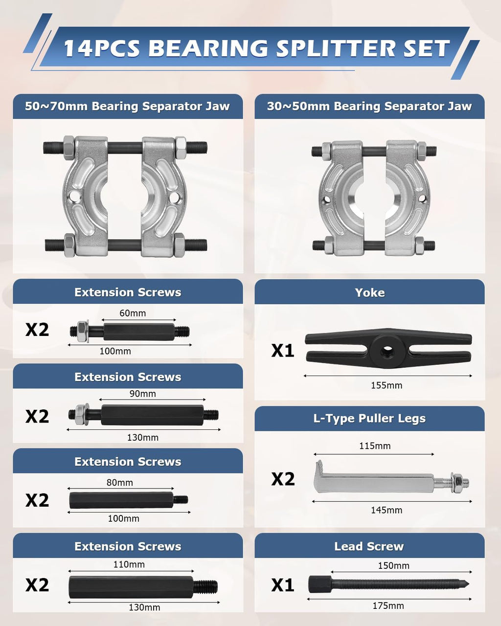 14Pcs Bearing Separator Puller Set, Bearings Splitters Puller Tool
