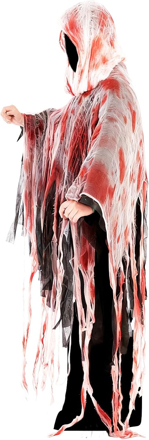 Halloween Horror Hooded Cloak Scary Ghost Tattered Bloody Robe Medieval Wizard Death Red Cape Vampire Cosplay Costume