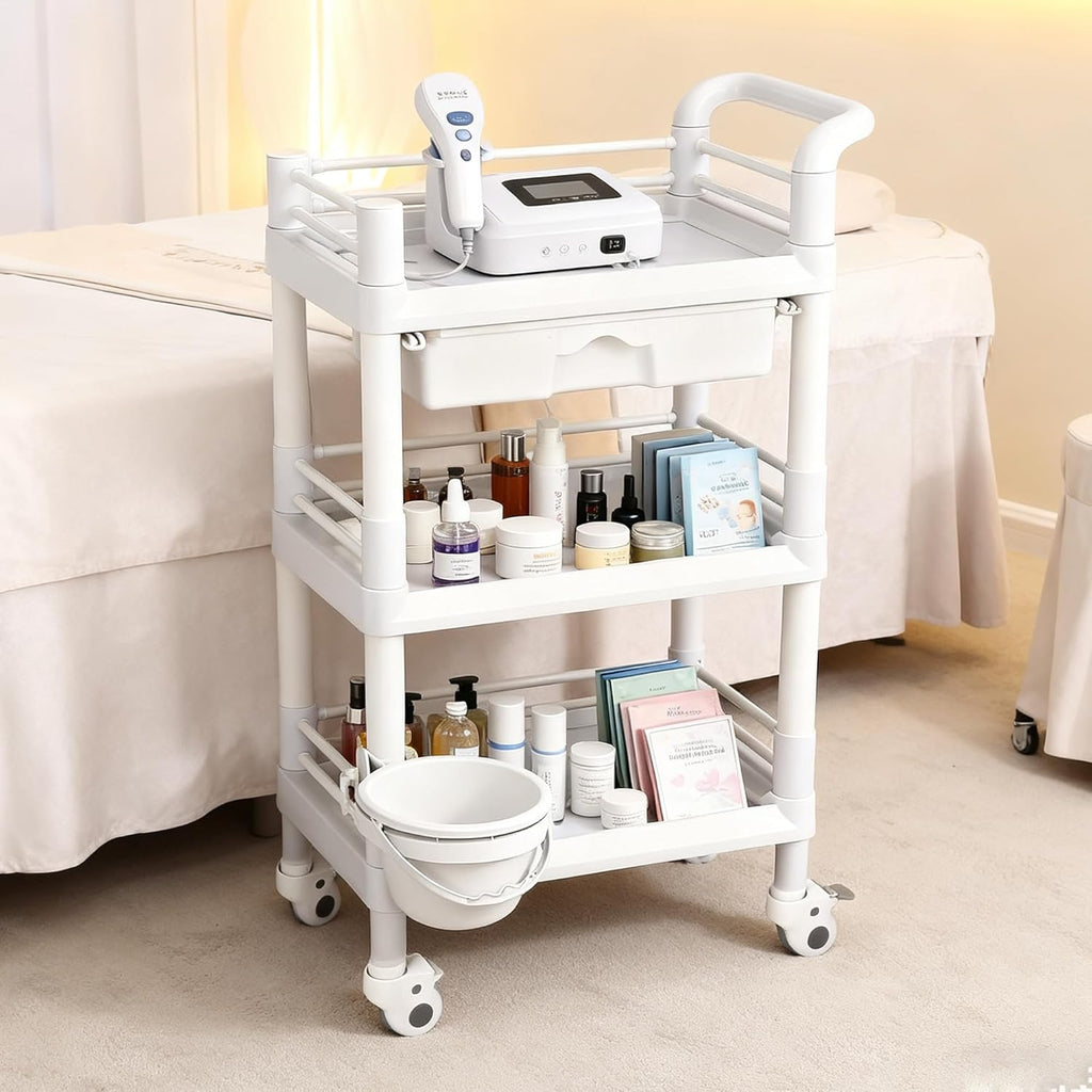 3 Tier Rolling Medical Cart, Utility Trolley with Drawer & Wheels | Mobile Beauty Salon Cart with Wheels for Spa
