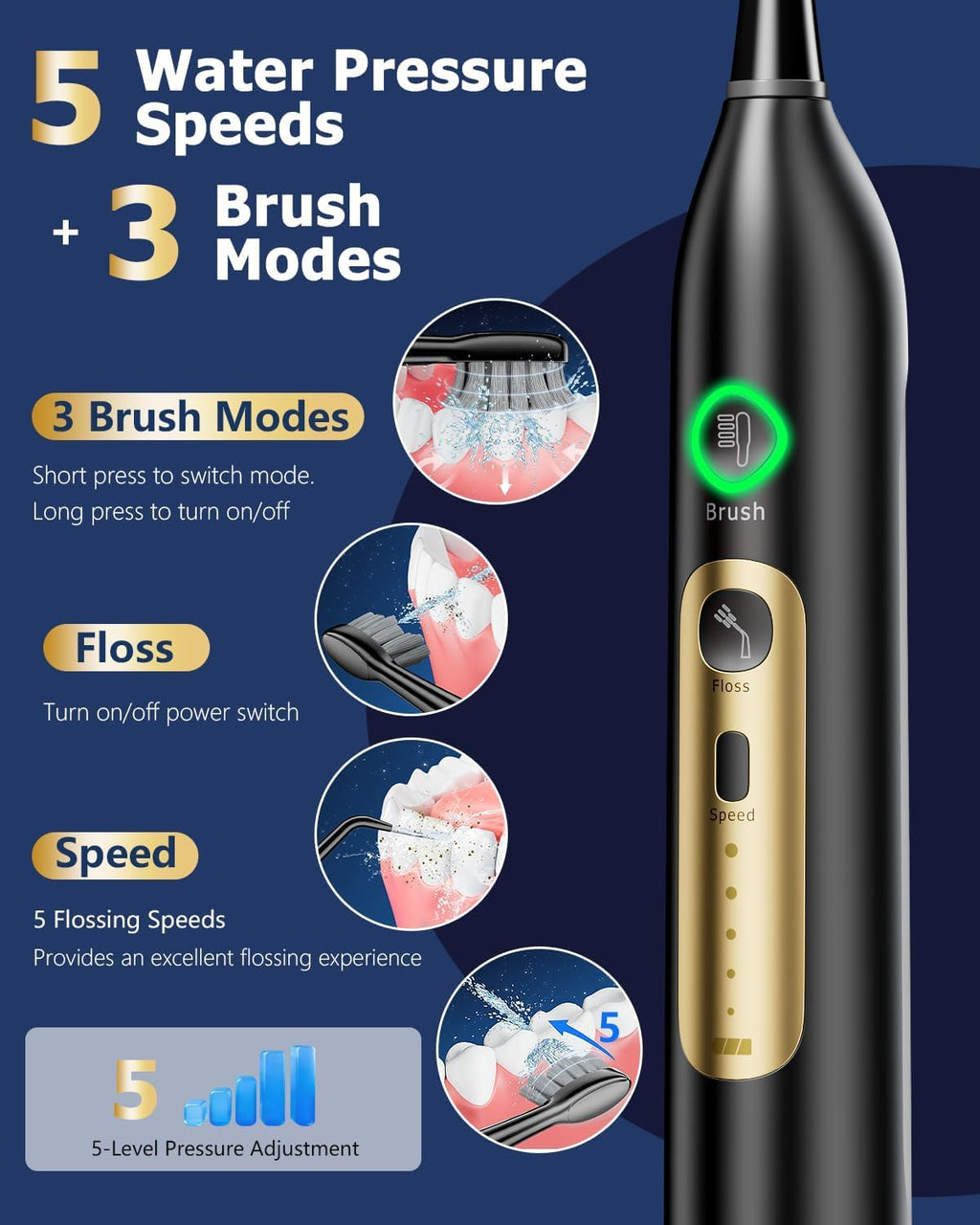Electric Toothbrush with Water Flosser Combo, 3-in-1 Flossing Toothbrush, Cordless & Rechargeable for Travel, Braces