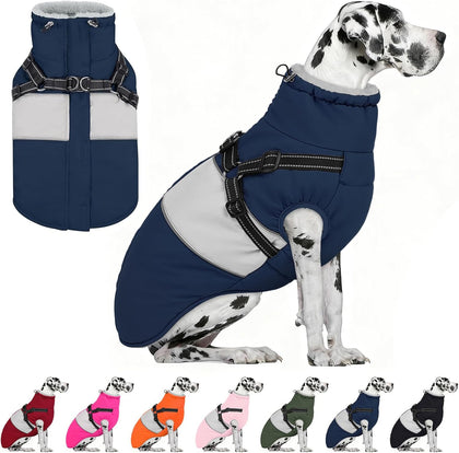 Dog Coat, Large Dog Jacket, Dogs Coat with Harness Built in, Reflective Waterproof Dogs Jackets Winter with Furry