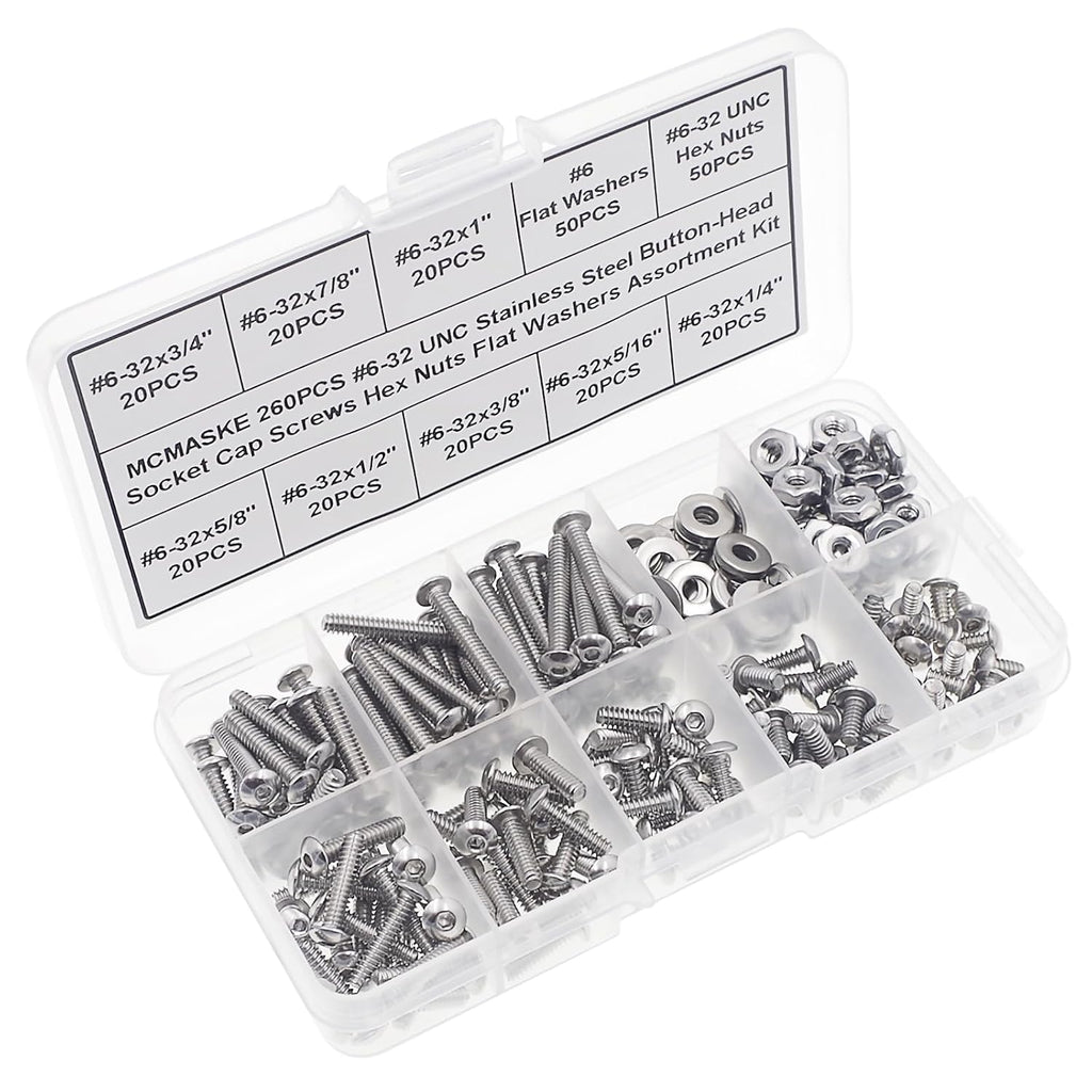 #6-32 UNC Stainless Steel Button-Head Socket Cap Screws Hex Nuts Flat Washers Assortment Kit