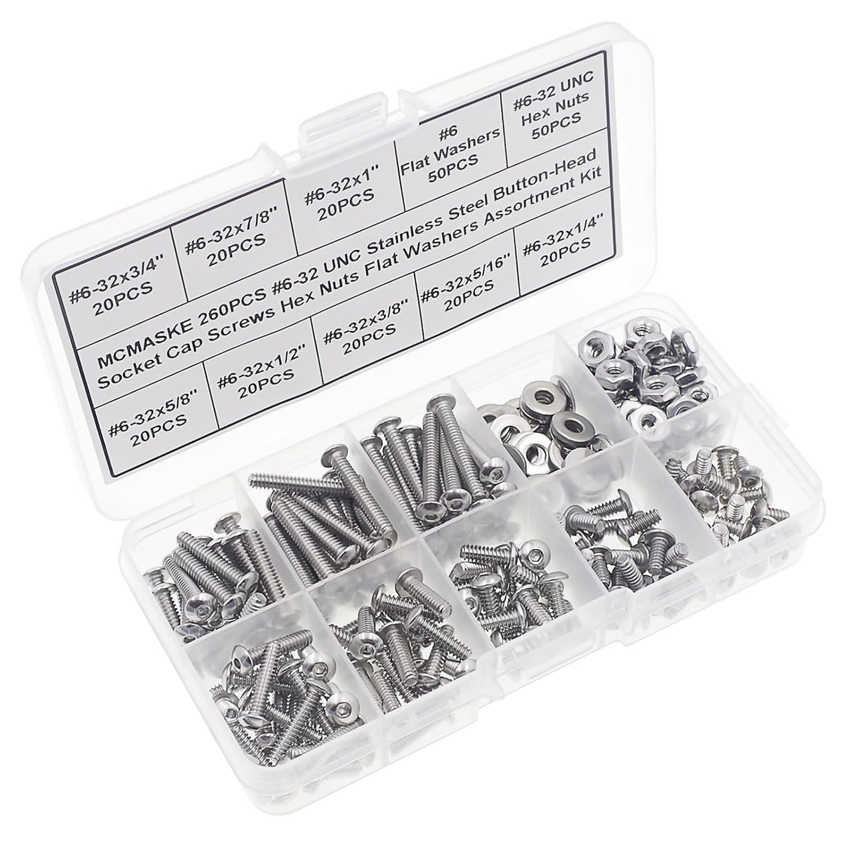 #6-32 UNC Stainless Steel Button-Head Socket Cap Screws Hex Nuts Flat Washers Assortment Kit