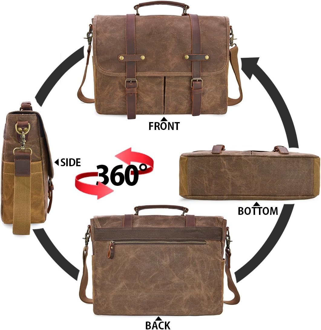 Mens Messenger Bag 15.6 Inch Waterproof Vintage Genuine Leather Waxed Canvas Briefcase Large Leather Computer Laptop