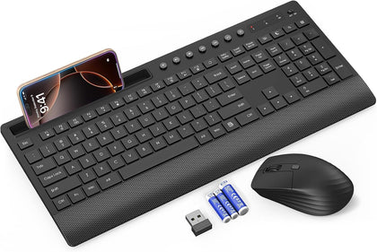 Wireless Keyboard and Mouse Combo, Full Size with Palm Rest | Quiet Typing, Phone Holder, Multimedia Keys, Power