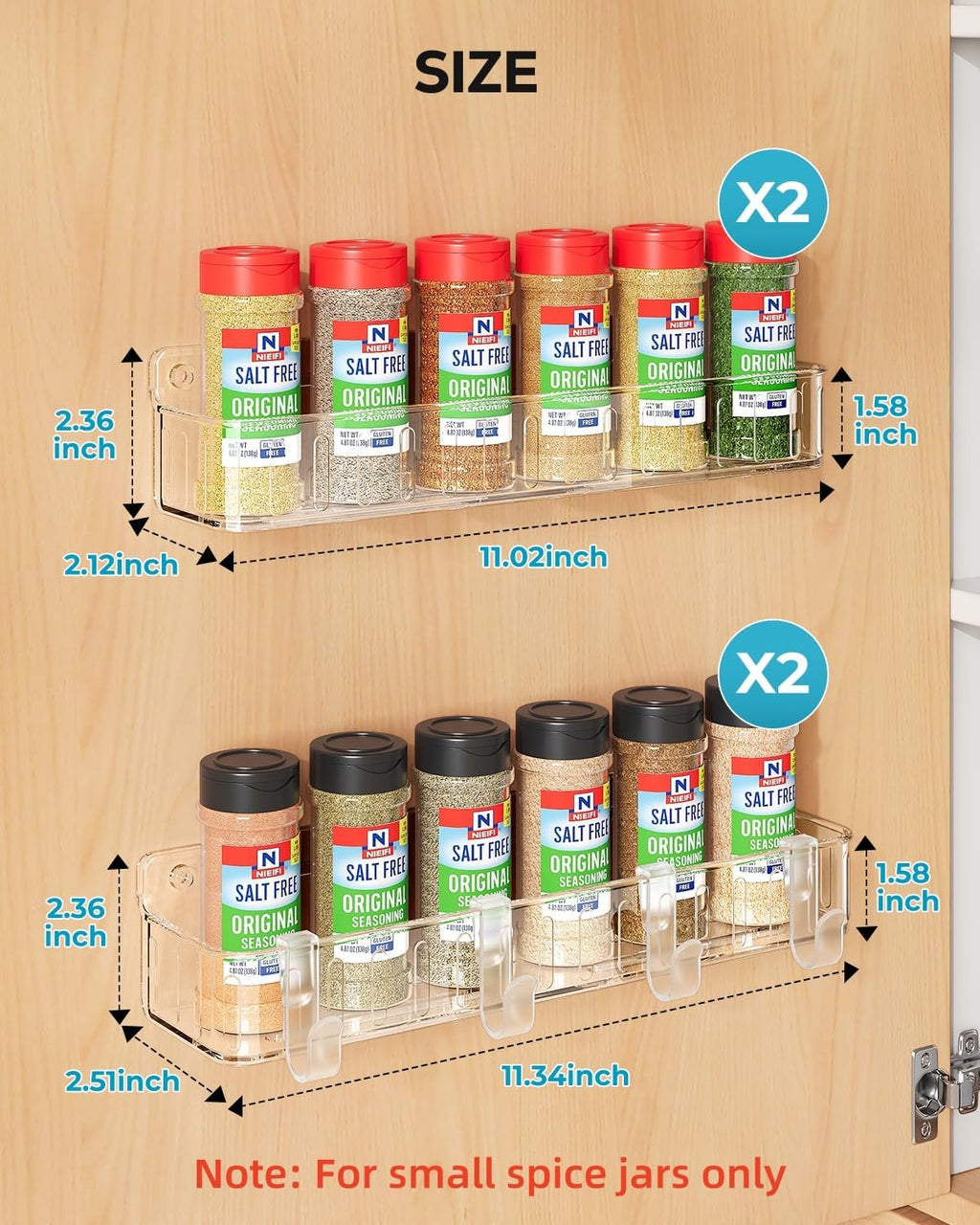 Spice Rack Wall Mount, 4 Pack, Clear, 2 Inch Wide, Screw or Adhesive Installation, Spice Rack Organizer for Small