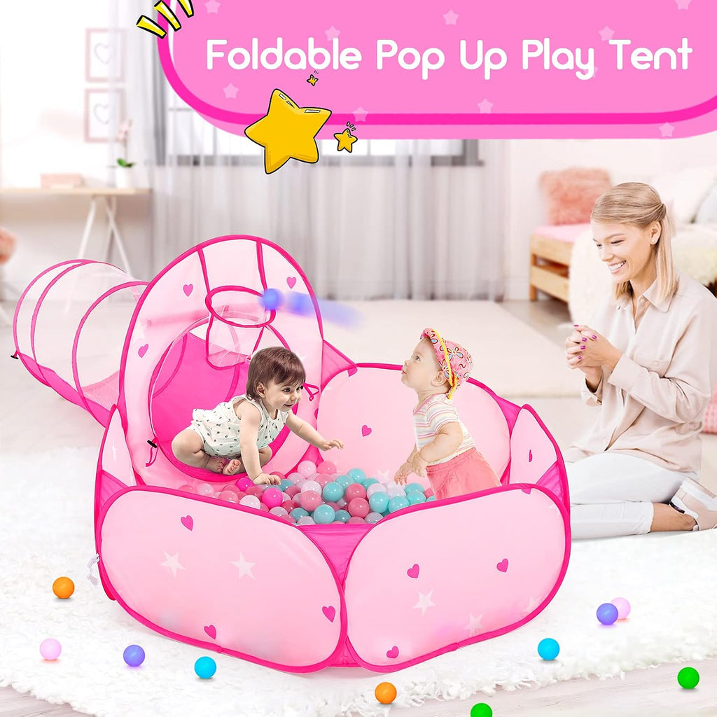 3pc Kids Play Tent for Girls with Ball Pit, Crawl Tunnel, Princess Tents for Toddlers, Baby Space World Playhouse