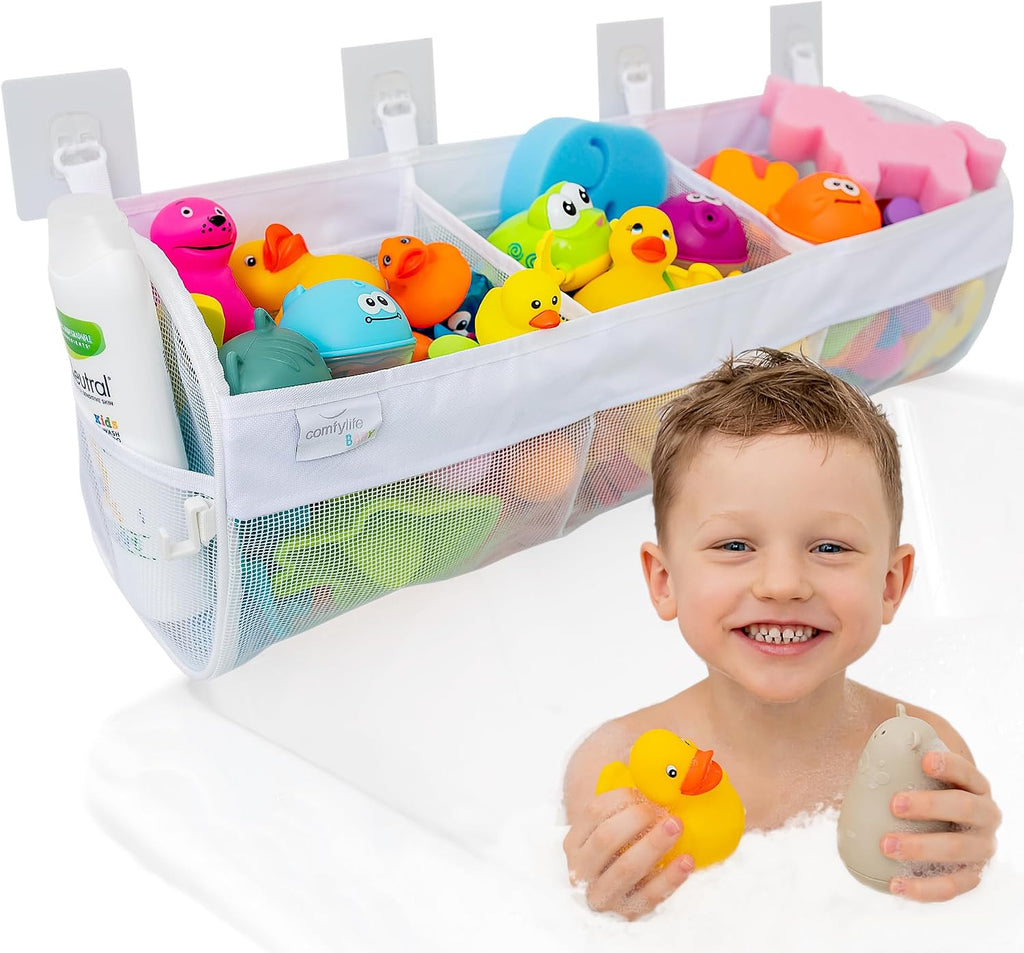 Large Bath Toy Organizer – 3 Compartment Bath Toy Holder for Bathtub & Shower – Quick-Dry Mesh with 4 Strong Adhesive