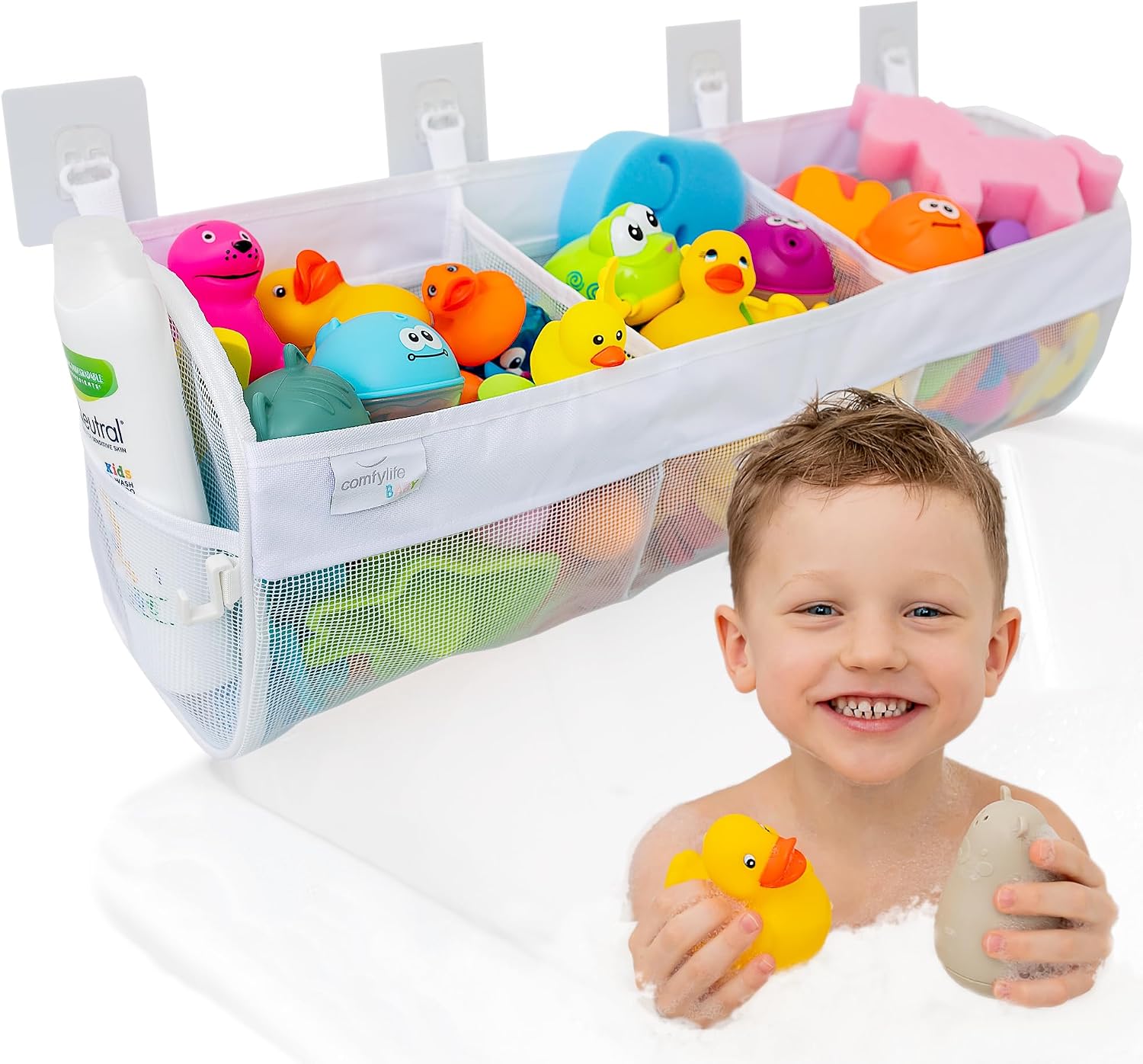 Large Bath Toy Organizer – 3 Compartment Bath Toy Holder for Bathtub & Shower – Quick-Dry Mesh with 4 Strong Adhesive