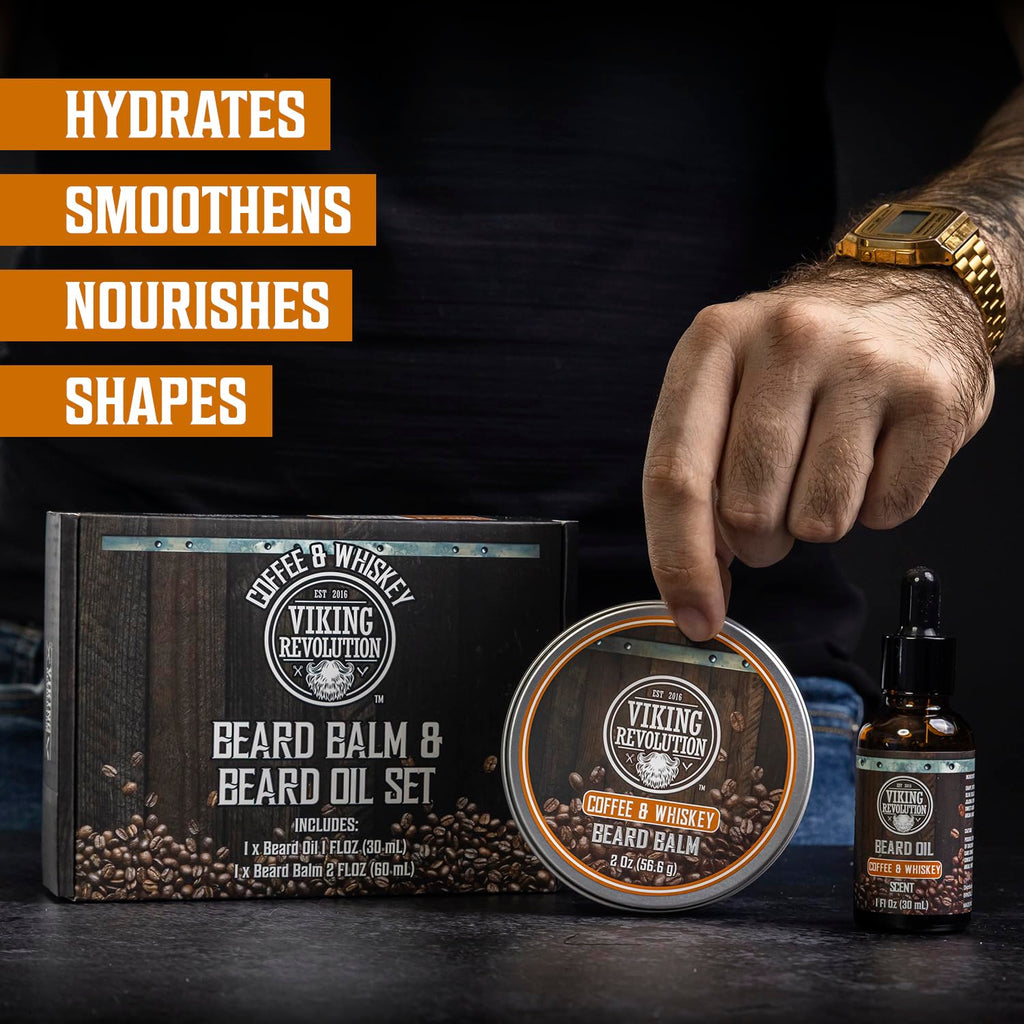 Coffee and Whiskey Beard Balm for Men (2oz) and Beard Oil (1 fl oz) Kit - With Argan and Jojoba Oils - Soften and