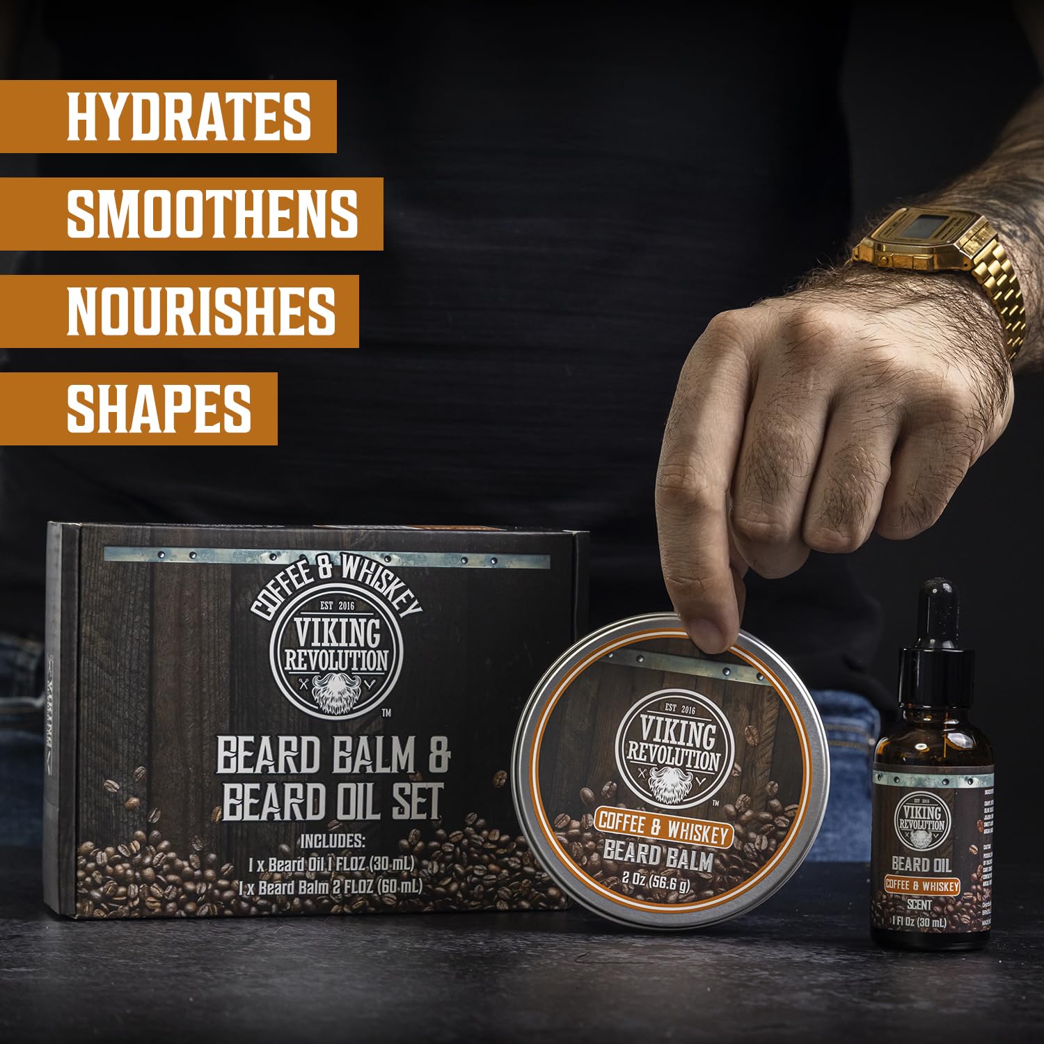 Coffee and Whiskey Beard Balm for Men (2oz) and Beard Oil (1 fl oz) Kit - With Argan and Jojoba Oils - Soften and