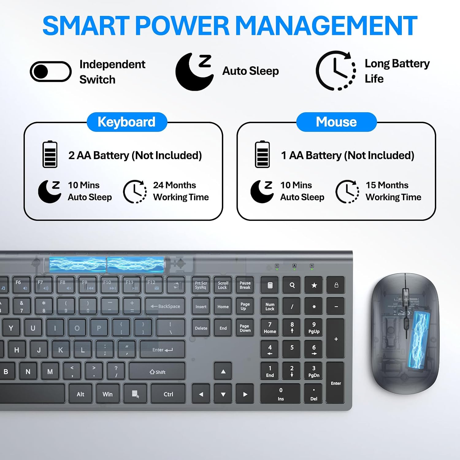 Wireless Keyboard and Mouse Combo, Ultra Slim Full Size Silent Keyboard and Adjustable 3-Level DPI Mouse,2.4GHz