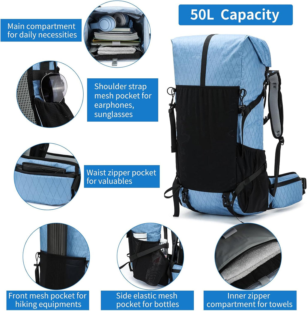 Hiking Backpack,40L to 50L Extra Large Capacity Hiking Bag,Internal Frame Camping Backpack,Upgraded X-PAC Lightweight