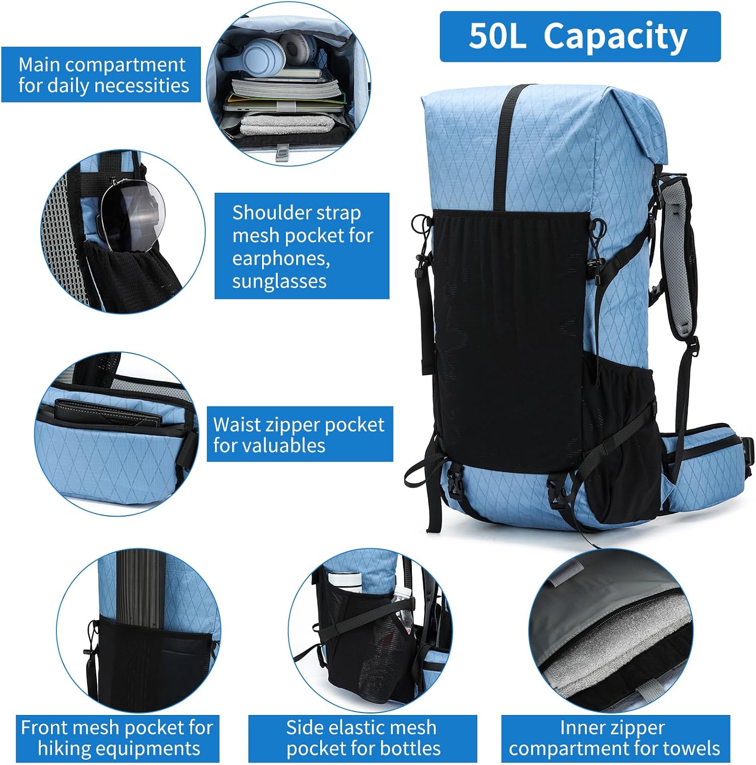 Hiking Backpack,40L to 50L Extra Large Capacity Hiking Bag,Internal Frame Camping Backpack,Upgraded X-PAC Lightweight