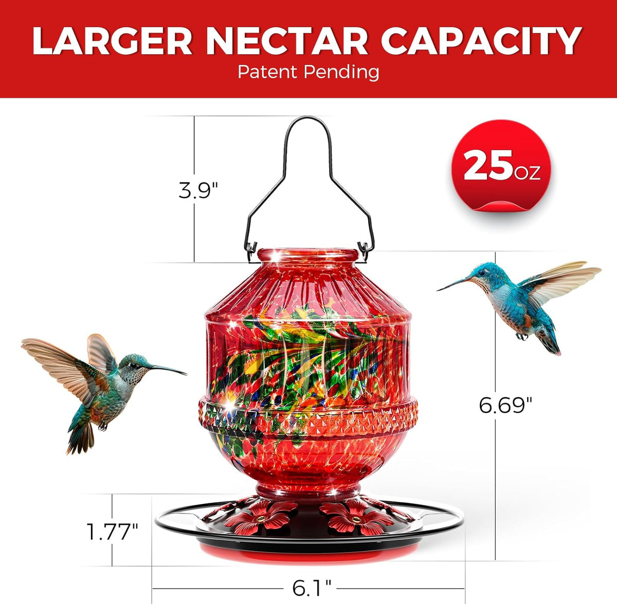 Blown Glass Hummingbird Feeders for Outdoors, 25 Ounces Wild Bird Nectar Feeder with Perch & 5 Flower Feeding Ports