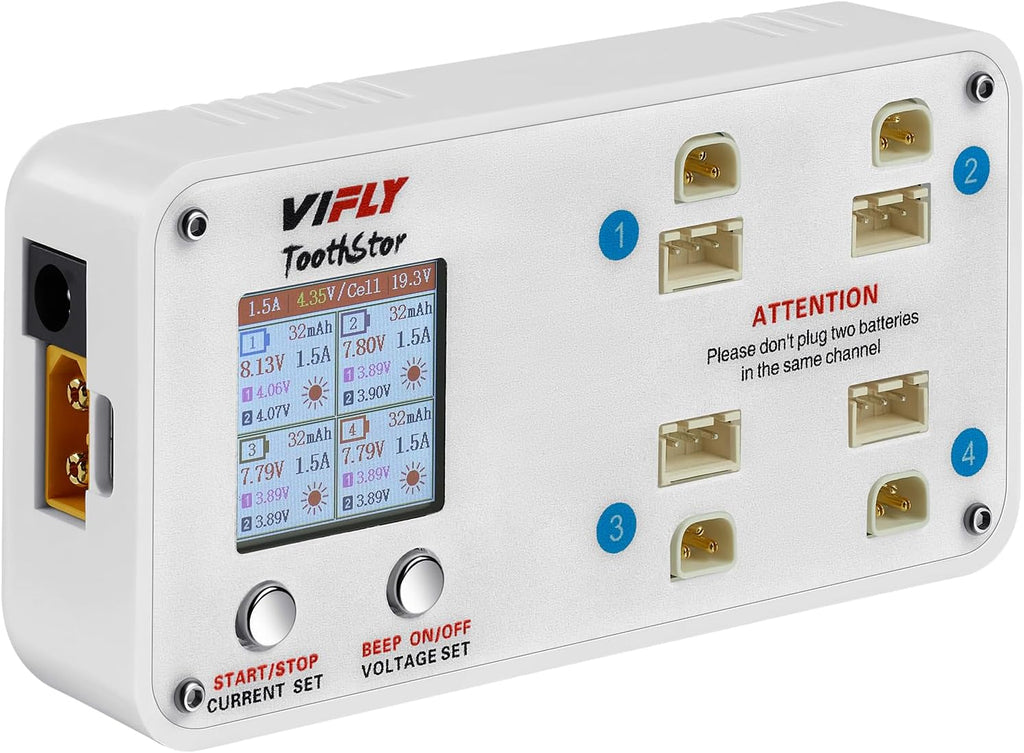 ToothStor 4-Port 2S LiPo Balance Charger w/Storage Mode | RC Storage Charger for Battery Health, Supports JST-XH
