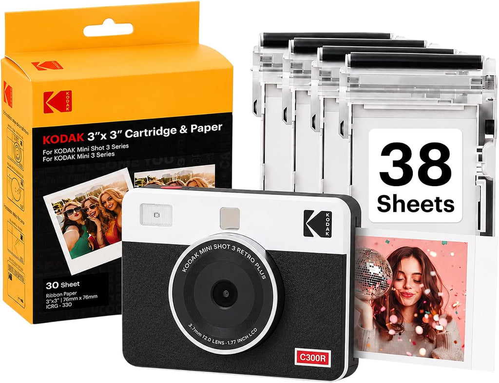 Mini Shot 3 Retro 3x3 Instant Camera, Photo Printer, 38 Sheet, White | Bluetooth, iPhone & Android Smartphone
