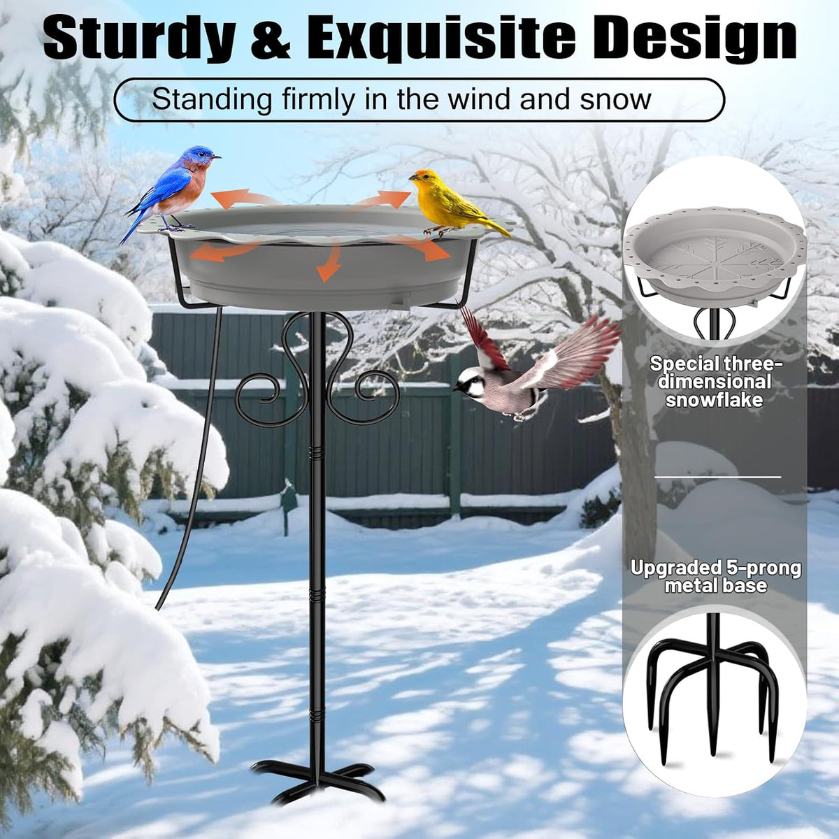 Heated Bird Baths for Outdoors, 100W Heated Birdbath Outside Winter, Gray