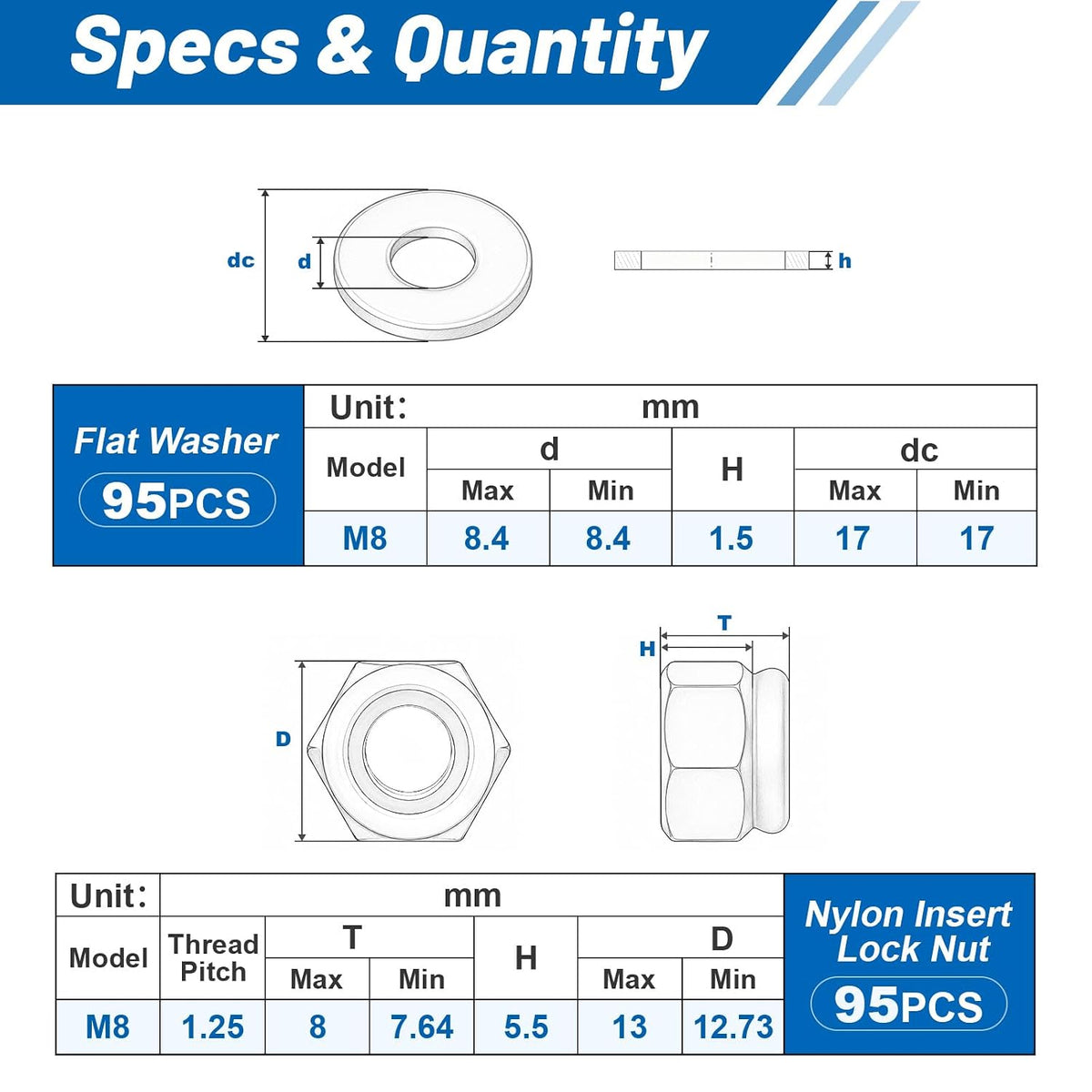 M8-1.25 Lock Nut 190Pcs Stainless Steel Nylock Locking nut with Washer