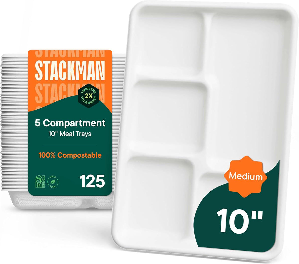 100% Compostable 5-Compartment Tray [125-Pack] Heavy Duty Bagasse Plates