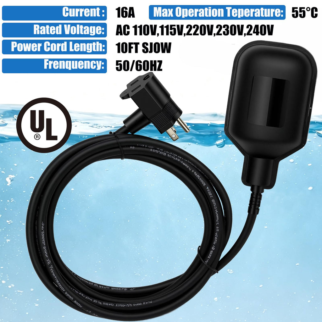 WHK Universal Sump Pump Float Switch Tethered 10FT Piggyback Plug 120V/16A