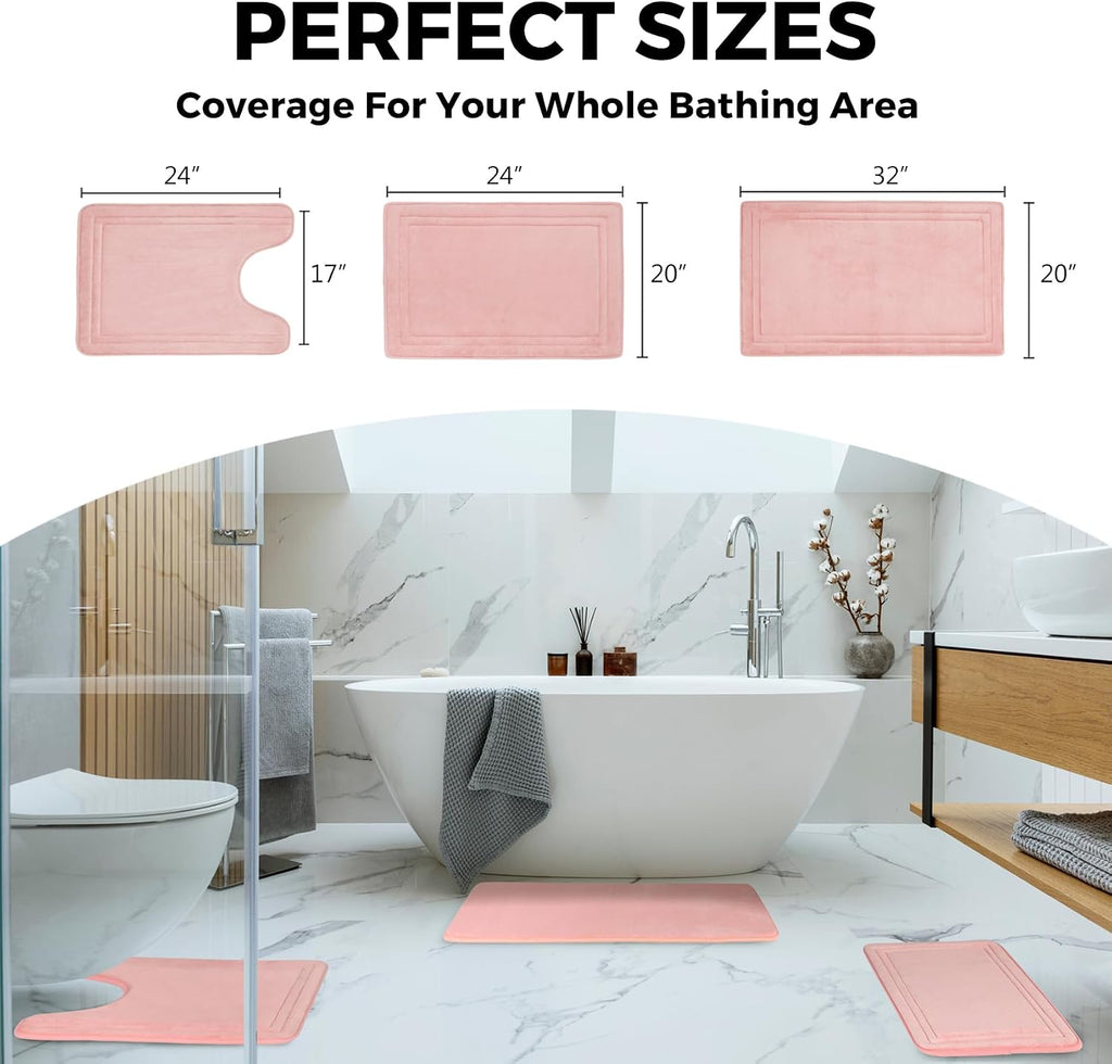Light Pink Bathroom Rug Set 2 Piece Memory Foam Microfiber Bath Mat | Non Slip Washable Floor Mats Soft Absorbent