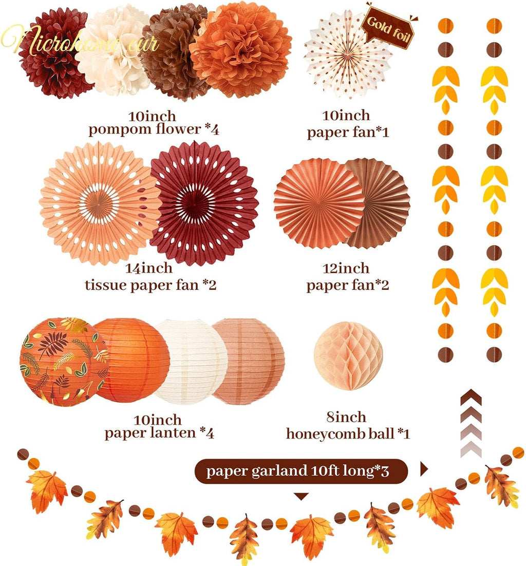 Fall Thanksgiving Decor with Pom Poms Lanterns Fans Garlands | 21PCS burnt orange burgundy tissue paper decorations