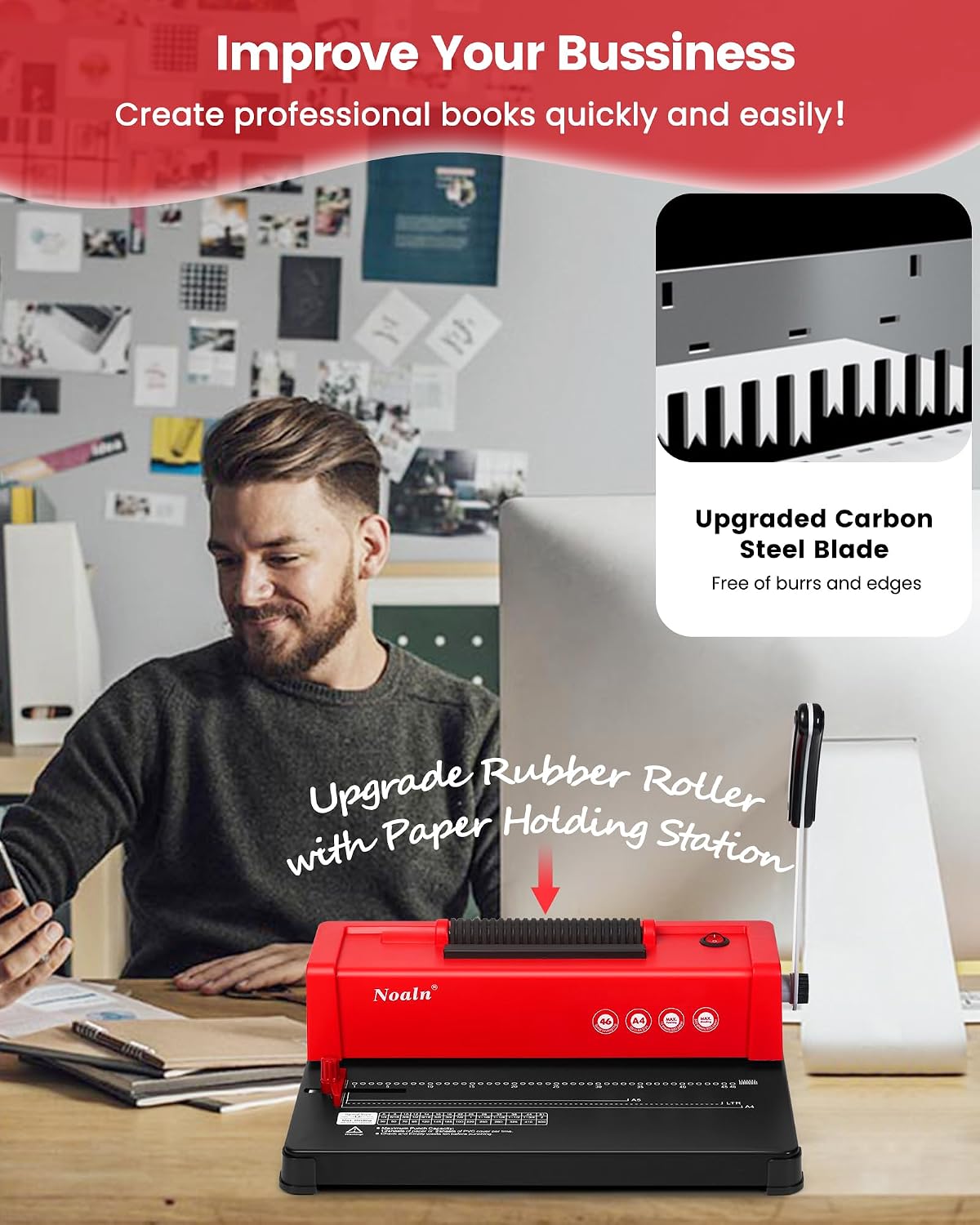 46-Hole Binding Machine Spiral Coil Binder Classic Red,DIY Book Binder Kits with Electric Coil Inserter,100pcs Comb
