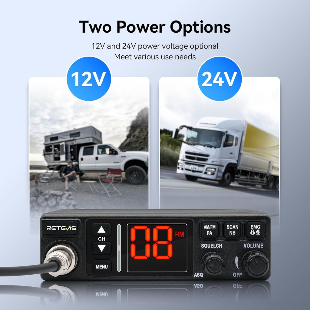 MB3A 40-Channel AM/FM CB Radio Kit, Long Range Radio with Antenna | Small & Easy to Install, 12V/24V Cigarette