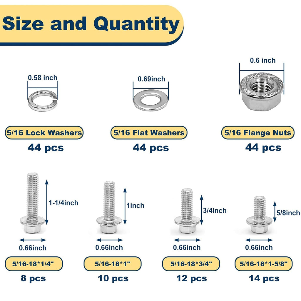5/16-18 Flange Bolt & Nut Assortment Kit 304 Stainless Steel 176Pcs