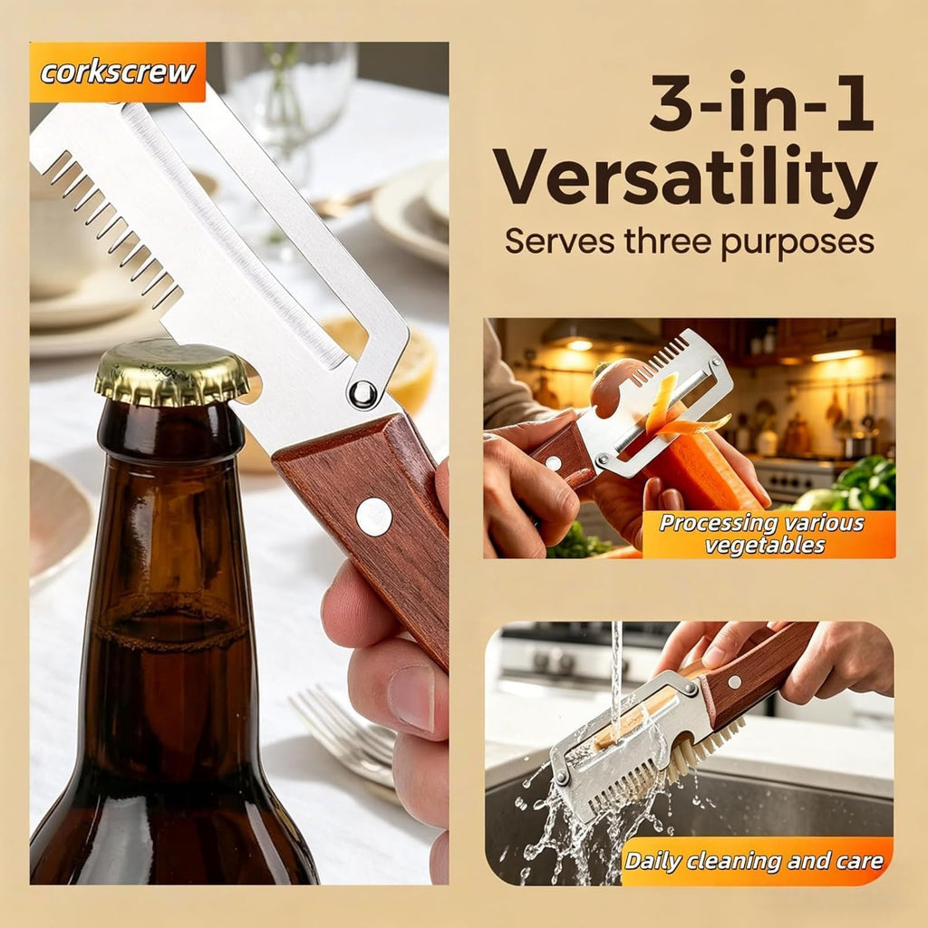 2026 Upgrade Multi-Functional Vegetable Peeler, 3 in 1 Multi Functional Wooden Handle Peeler and Bottle Opener