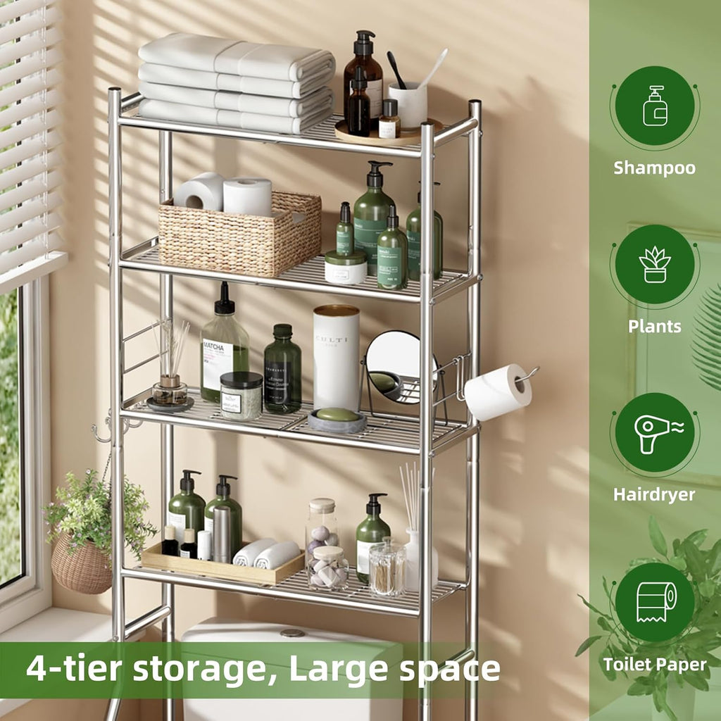 Over the Toilet Storage Cabinet, Metal 4 Tier Bathroom Shelves Over Toilet, Bathroom Oragnizer with 4 Hooks and Paper