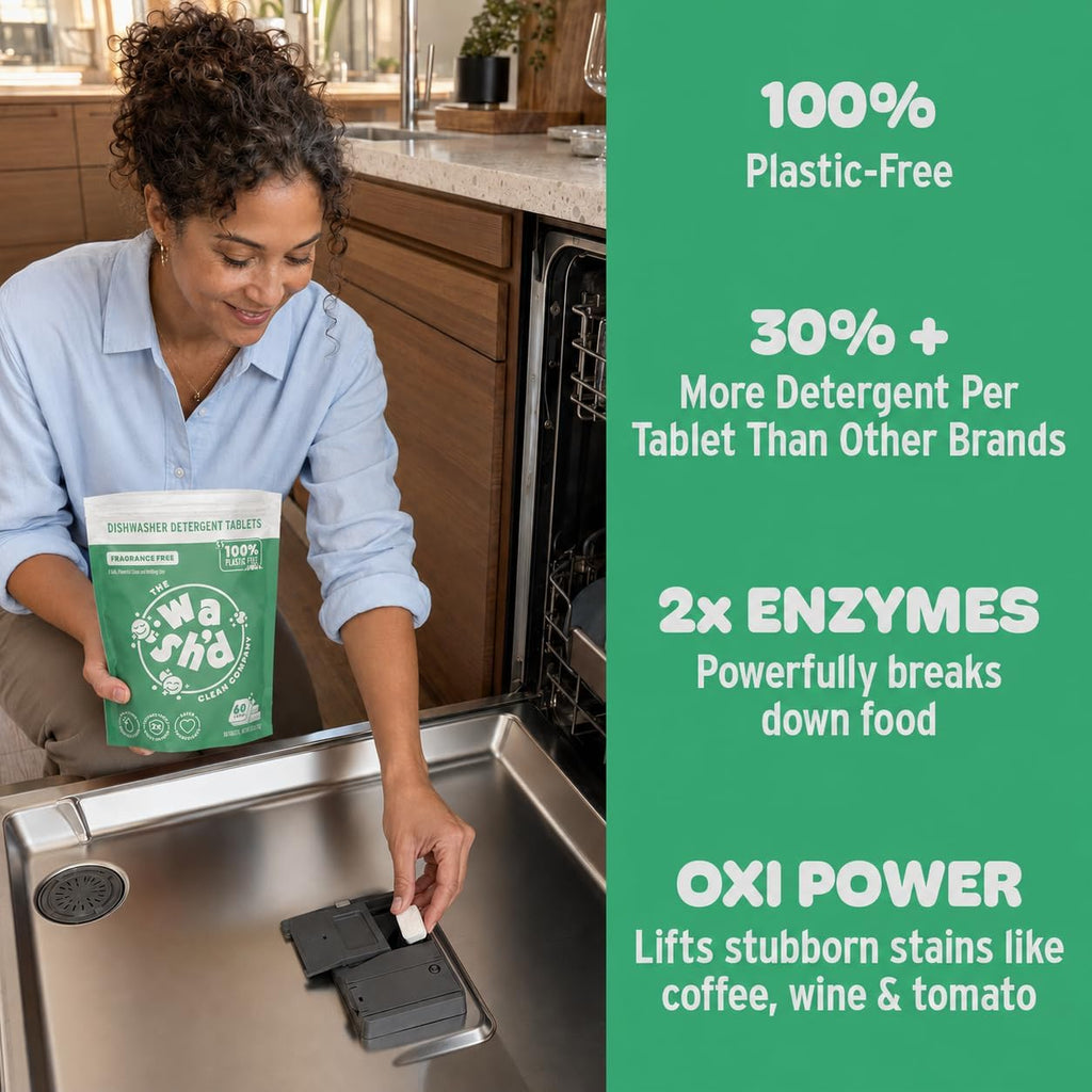 Wash'd 100% Plastic-Free Dishwasher Detergent Tablets | 2x Enzymes Cleaning