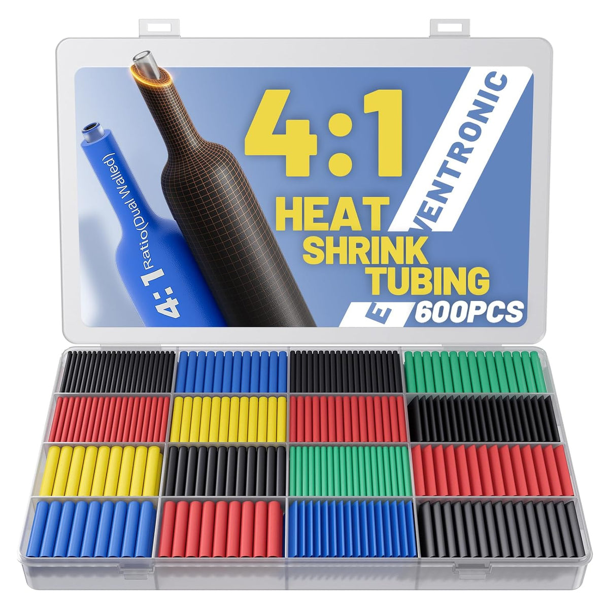 600PCS Heat Shrink Tubing Kit, 4:1 Ratio Adhesive Lined Tubes