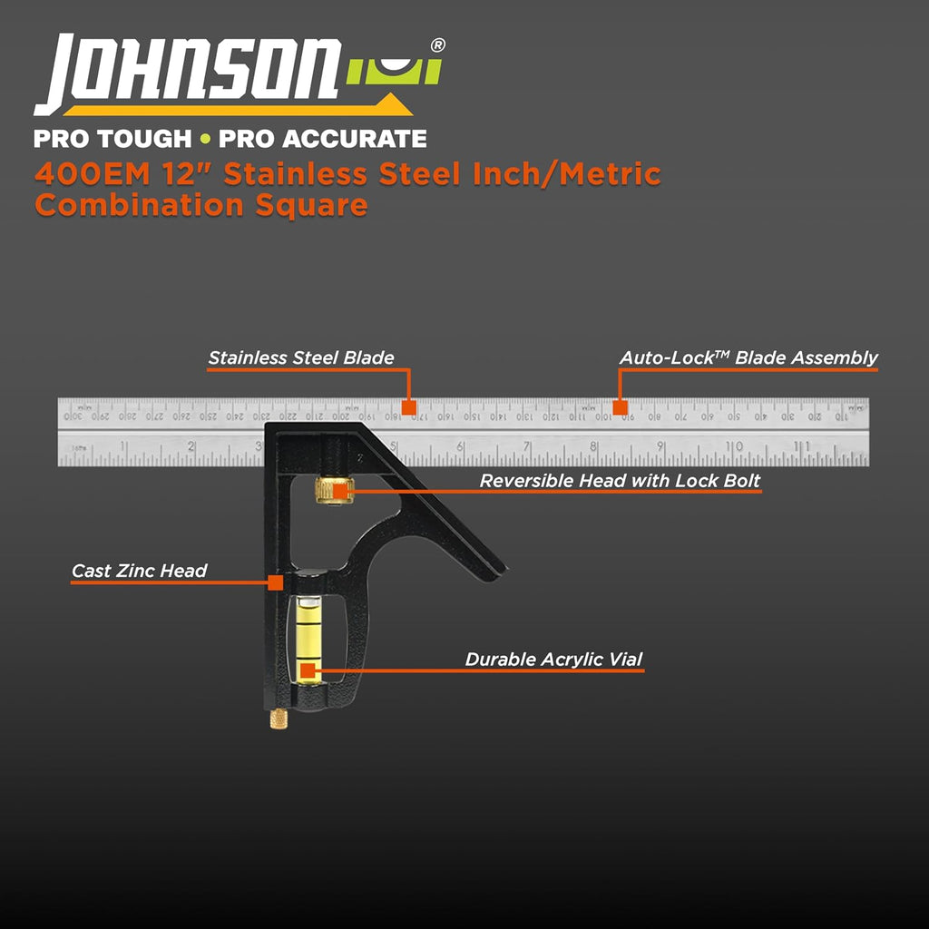 Johnson Level & Tool 400EM Professional Inch/Metric Metal Combination Square, 12", Silver, 1 Square