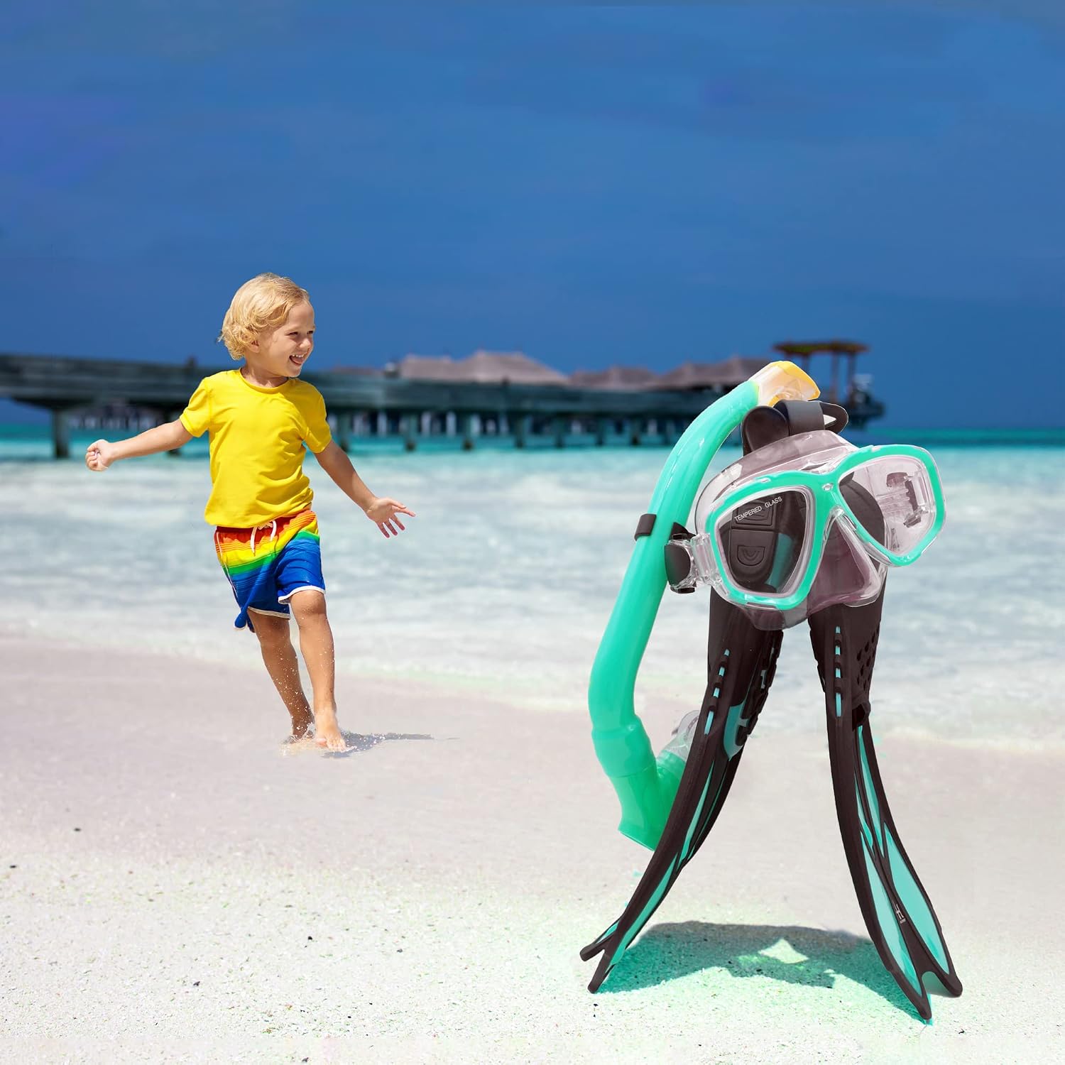 Kids Mask Fins Snorkel Set Snorkeling Packages, with Diving Mask, Snorkel, Adjustable Swim Fins, Mesh Bag, Anti-Fog