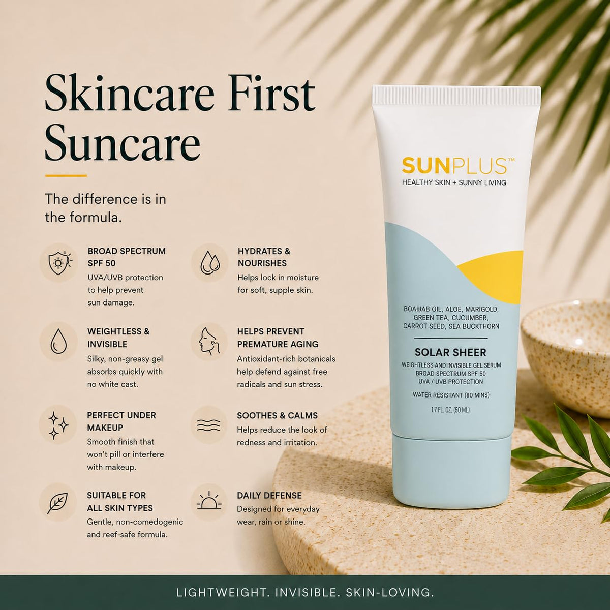 Solar Sheer Gel Sunscreen For Face SPF 50, Invisible Sunscreen Serum, 1.7oz
