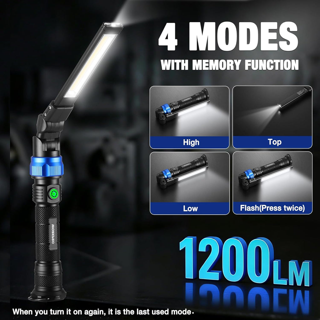 Magnetic LED Work Light, 3200mAh Foldable Rechargeable Flashlight, Mechanic Light with 360° Rotation & Dimming Mode