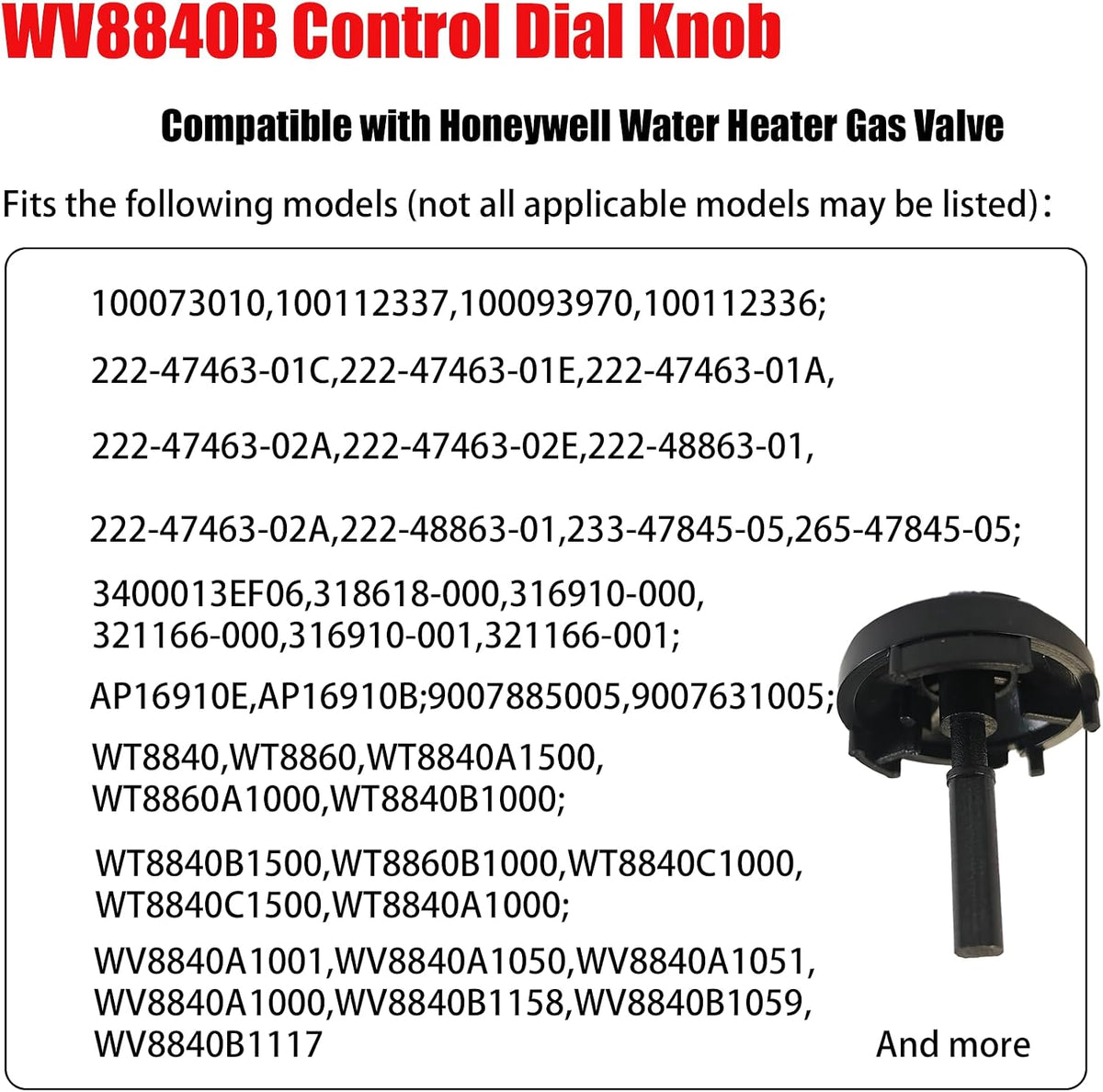 1-Pack Black Control Dial Knob Compatible with Honeywell Water Heater Gas Valve,w/Spring. Plastic Control Dial Knob Replacement parts for Water heater,Fit for WV8840B,WV8840A,WV8840B1110 And More