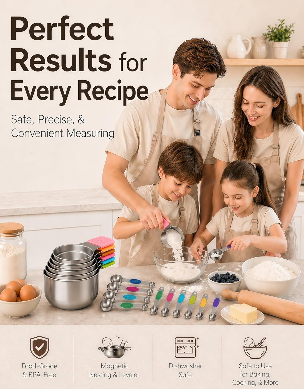 Magnetic Measuring Cups and Spoons Set304 Stainless Steel Dual Scale Set of 15, Strong N52 Magnetic Nesting Design