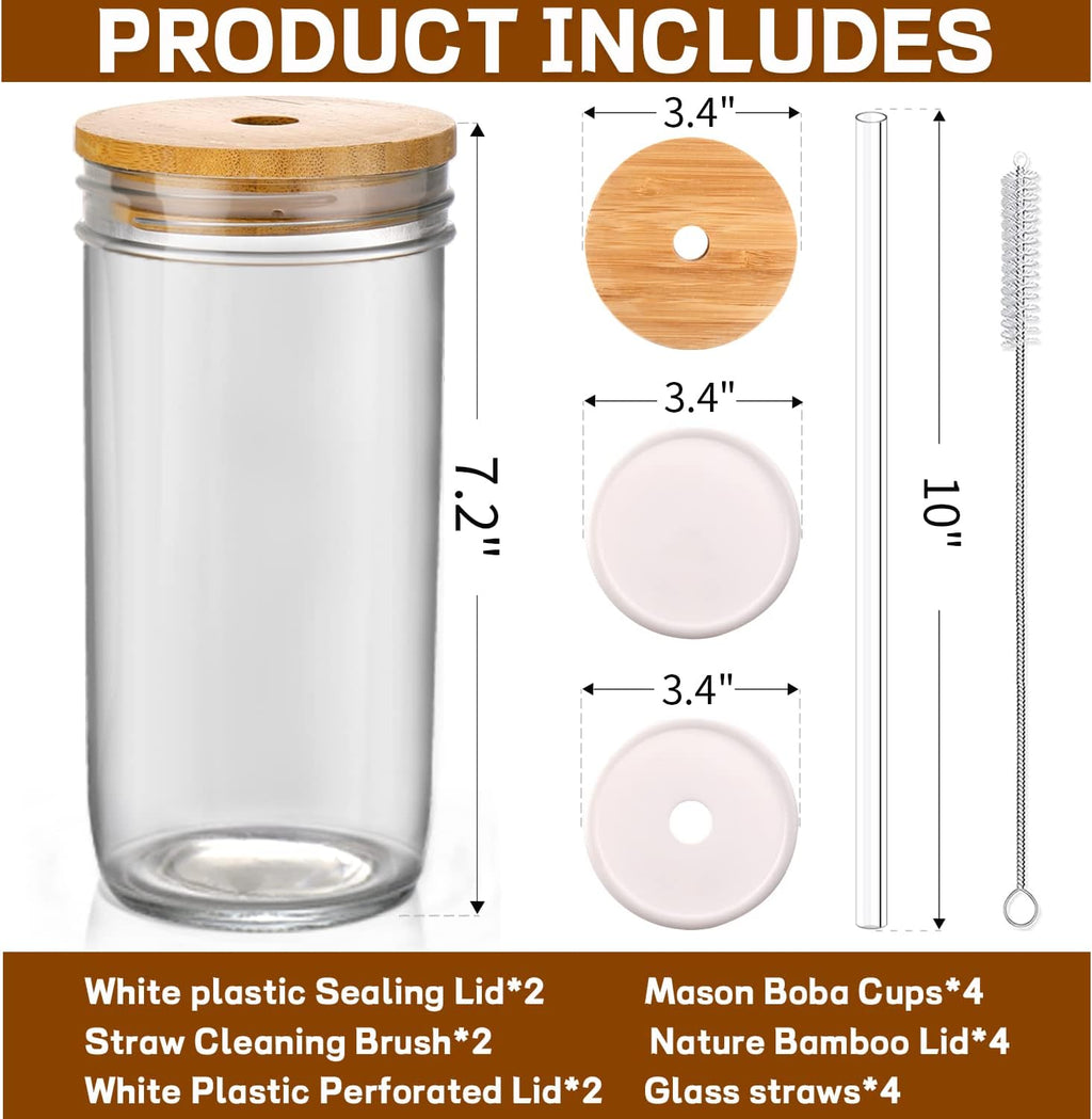 Glass Cups with Lids and Straws,24 oz Smoothie Cup with Lid and Straw-Boba Mason Jar,Matcha Cup Wide Mouth Reusable
